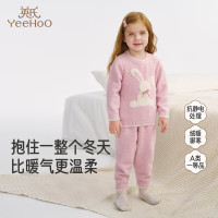 英氏 儿童家居服套装秋冬保暖加绒睡衣冬季半边绒男童女童秋衣秋裤 珊瑚雪兔套装 90 c