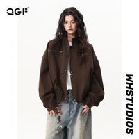 QGF 美式复古立领牛仔外套 棕色 M 女士夹克