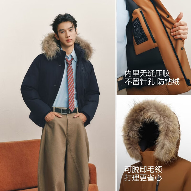 波司登 90绒复古工装连帽羽绒服 墨渊蓝 XL