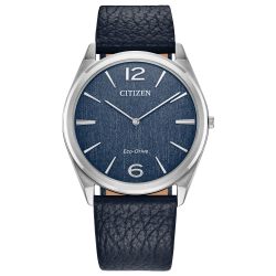 CITIZEN 西铁城 中性款环保光动能手表 蓝色皮革表带 蓝色表盘 双指针 银色