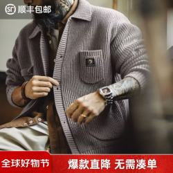 马登 工装美式密歇根开衫针织老钱风灰色毛衣外穿翻领外套男秋冬 灰色  L