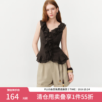 范思蓝恩 复古美荷叶边系带无袖收腰衬衫2026夏新款莱赛尔上衣2594