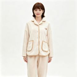 秋鹿 情侣睡衣 女冬季珊瑚绒加厚加绒法兰绒保暖休闲男士家居服套装 浅杏 L