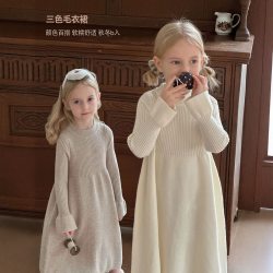 妞宝 女童毛衣裙2026秋冬外贸韩版儿童纯色针织公主裙宝宝中长款连衣裙