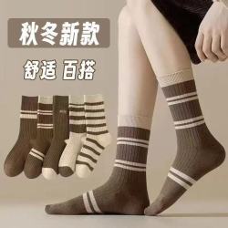 北极绒 冬季袜子美拉德中筒堆堆袜条纹防臭吸汗秋季袜子长筒袜 随机色3双 均码