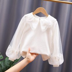 妞宝 女童长袖t恤春秋儿童纯棉泡泡袖内搭打底衫加绒娃娃领上衣6