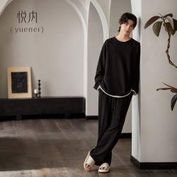 悦内 睡衣男士春秋款纯棉长袖家居服男款黑色高级感圆领套头华夫格套装 32408雅黑
