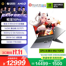 机械革命 蛟龙16 Pro 2025款 锐龙8000 16英寸 游戏本 灰色（R9-8945HX、RTX 5070 Ti 12G、32GB、1TB+2560*1600、300Hz）