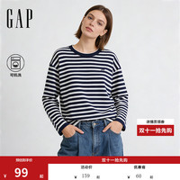 Gap 女装秋季logo刺绣条纹宽松圆领针织衫休闲上衣859874 海军蓝条纹 S (160/84A)亚洲尺码