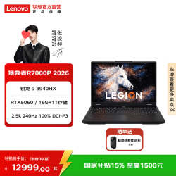 联想 拯救者R7000P 16英寸电竞游戏本笔记本电脑 锐龙 9 8940HX 16G 1T RTX5060黑 100% DCI-P3