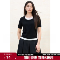 独束 大码女装假两件拼接撞色针织衫春夏新品通勤长短袖上衣 黑色（短袖） M （尺码：1）