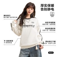 特步 美式复古加绒卫衣女秋冬情侣长袖宽松运动上衣