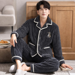 FOURDATRY 秋冬季新款男士珊瑚绒睡衣加厚加绒长袖保暖法兰绒家居服套装冬天