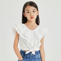 米喜迪 美特斯邦威旗下米喜迪童装女童夏季新品净色百褶领无袖衬衫