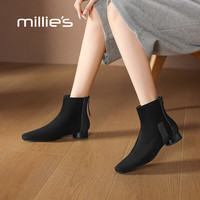 Millie's Millies）真皮磨砂短靴女粗跟低跟踝靴软底气质方头法式时装靴女 黑色 35