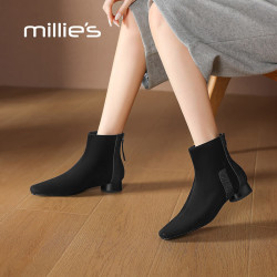 Millie's Millies）真皮磨砂短靴女粗跟低跟踝靴软底气质方头法式时装靴女 黑色 35