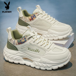 PLAYBOY 时尚透气休闲运动男鞋2026新款百搭厚底防滑增高老爹潮鞋白绿41
