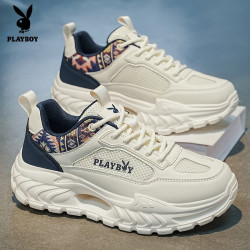PLAYBOY 时尚透气休闲运动男鞋2026新款百搭厚底防滑增高老爹潮鞋白蓝41