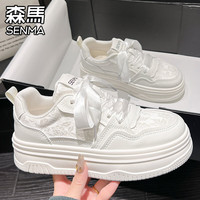 森馬 森马女鞋秋季2026新款国风刺绣透气网面厚底板鞋女休闲运动增高小白鞋 米色 38