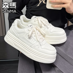 森馬 森马小白鞋女2026秋季新款透气百搭休闲厚底增高运动学生皮面白色板鞋 米白 38