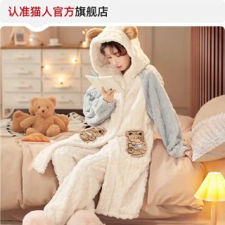 猫人珊瑚绒睡袍女秋冬季2026新款长款卡通睡衣加厚家居服套装冬天