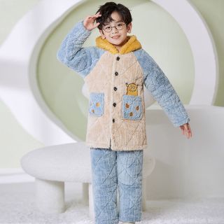 梦贝熊 儿童睡衣冬季加厚男童法兰绒三层夹棉加绒珊瑚绒家居服套装