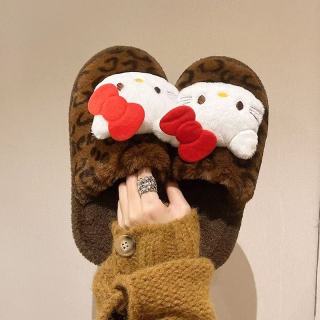ZOROADNKAI HelloKitty联名 豹纹毛绒 女士棉拖鞋