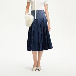 VERO MODA 半身裙女秋高腰A摆牛仔半裙磨白水洗百褶长裙高级感专柜同款洋气