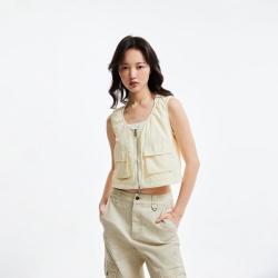 ONLY 秋季秋大圆领拉链抽绳网面短款无袖马甲外套女