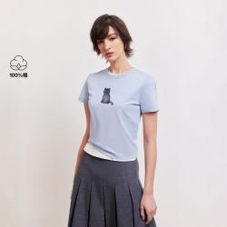 ONLY 秋季可爱猫咪印花罗纹圆领正肩短袖T恤女可外穿
