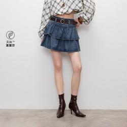 ONLY 秋季双层荷叶蛋糕裙高腰显瘦A字牛仔短裙半身裙女