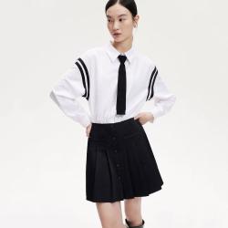 VERO MODA 连衣裙女秋可拆卸领带落肩袖拼接A摆百褶裙学院风减龄高级感