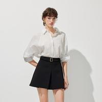 ONLY 秋季显瘦纵向条纹翻领长袖褶皱宽松长袖衬衫女
