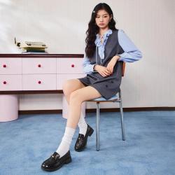 天美意 英伦复古手抓纹休闲乐福鞋女单鞋日常通勤皮鞋