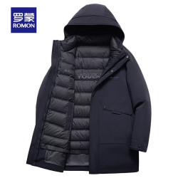 罗蒙 连帽羽绒服男冬季新款中青年宽松舒适百搭加厚保暖羽绒外套男 YR3988藏青色 L