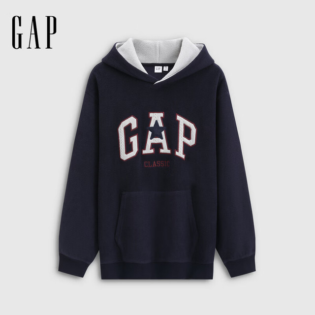 Gap 冬季款logo贴布绣加绒宽松连帽衫卫衣