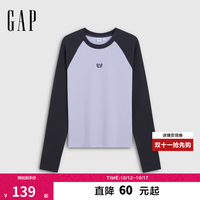 Gap 女装2026秋新品刺绣logo撞色插肩袖罗纹修身T恤2KN623023 紫色 L (170/92A)亚洲尺码