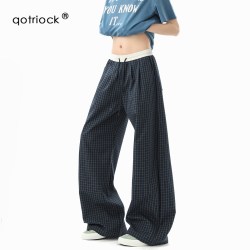 QOTRIOCK 美式藏青色格子拼接休闲裤男女秋季新款抽绳直筒裤宽松阔腿长裤子