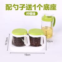 茶花 玻璃调味盒调味罐调料盒厨房调料罐糖盐味精罐盒厨房用品 2组调味盒+550ML油壶(绿色)