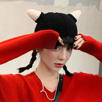 网红可爱搞怪牛角针织帽子女个性百搭时尚保暖休闲冬天冷帽情侣
