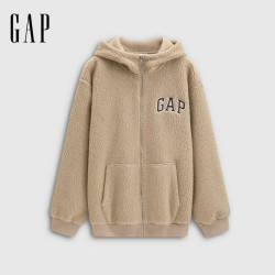 Gap 刺绣logo仿羊羔绒拉链连帽外套