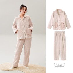 安之伴 26新款睡衣女秋冬季保暖加厚长袖长裤翻领珊瑚绒新款衣裤套家居 米白 L