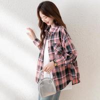 唐狮 春季女翻领长袖松弛格纹口袋衬衫百搭通勤时尚别致潮流女秋季衬衫