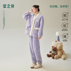 安之伴 26新款珊瑚绒睡衣女冬季加厚甜美撞色可外穿家居服套 香芋紫 XL