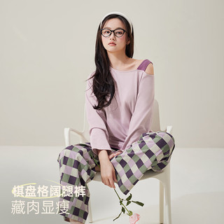 安之伴 露肩假两件长袖 红藤紫 M 睡衣家居服套装