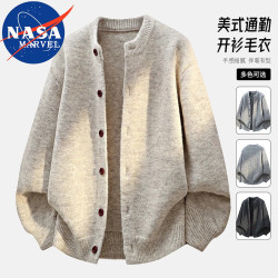 NASA MARVEL 针织开衫男士春秋圆领美式通勤休闲百搭开衫外套 燕麦色 XL