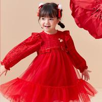 巴拉巴拉 红色新年拜年服宝宝公主裙儿童裙子女童汉服裙秋春款国风甜美高级