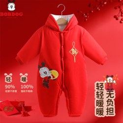 巴布豆 红色婴幼儿过年喜庆衣服新生宝宝冬季连体衣拜年服秋冬装