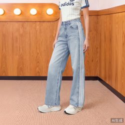 阿迪达斯 纯棉宽松百搭休闲做旧牛仔运动长裤女秋季adidas阿迪达斯三叶草