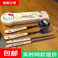 KT 勺子ins筷子勺子套装三件套叉子套盒学生单人餐具收纳盒 KT猫4件套
